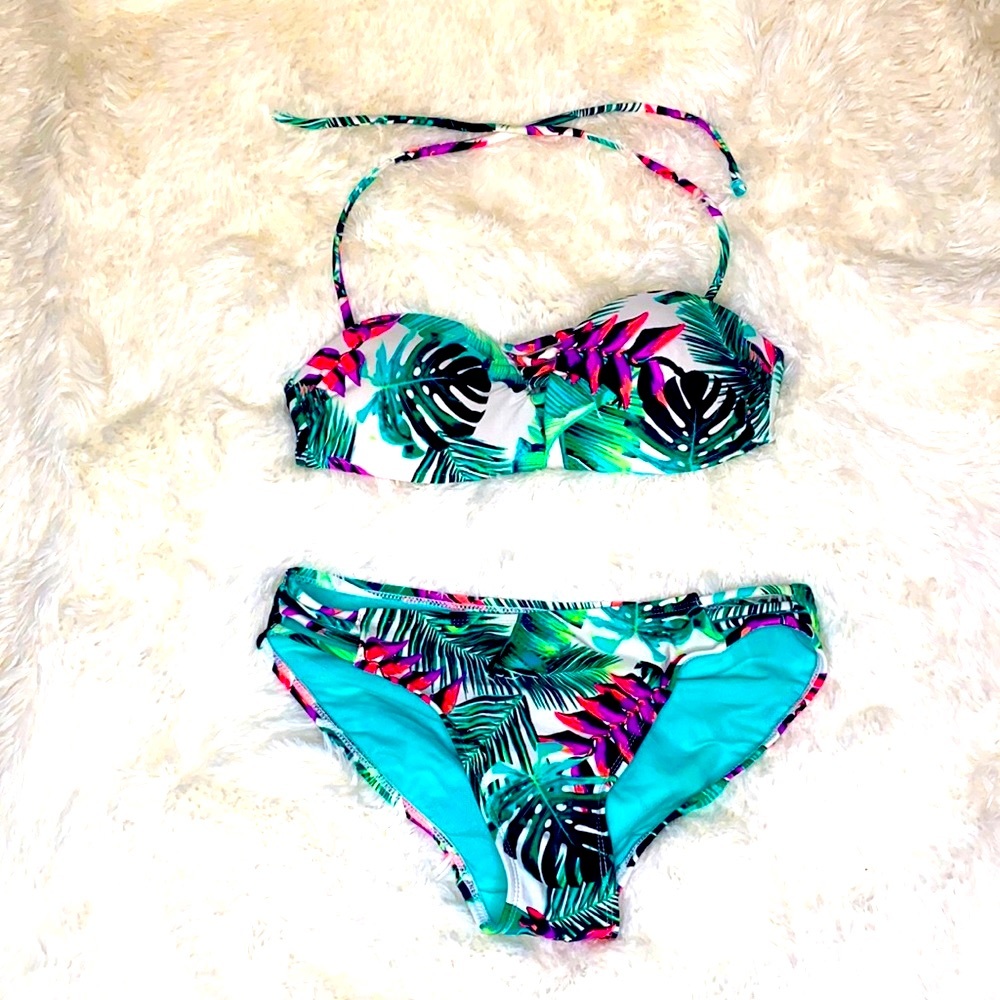 No Boundaries Green Purple Tropical Leaf Bikini Swimsuit Set Size Small (3-5)